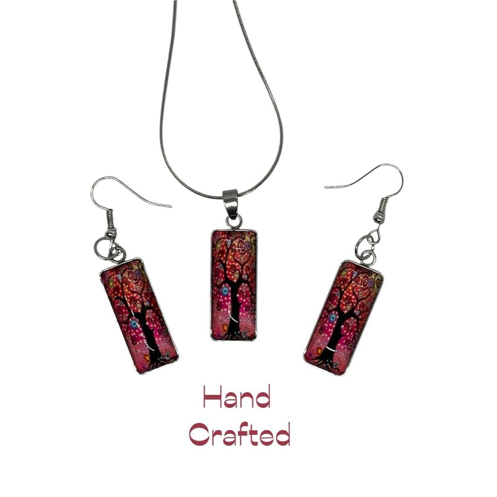 Hand Crafted Pink Red Tree Glass Rectangle Pendant Necklace Earrings Set NWT